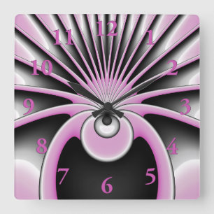 Horloge Carrée Art Abstrait moderne Fractal rose Gris noir