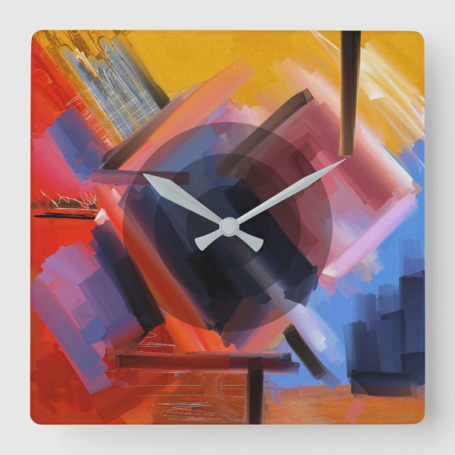 Horloge Carrée Art Abstrait moderne rouge orange noir rose bleu (Recto)