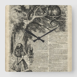 Horloge Carrée Art d'Alice et de pochoir de Cheshire à la page de