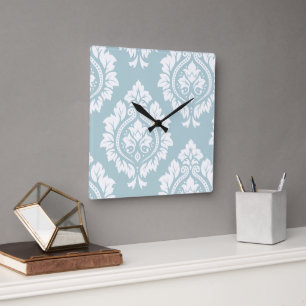 Horloge Carrée Art damassé décoratif I Blanc sur bleu œuf de cana