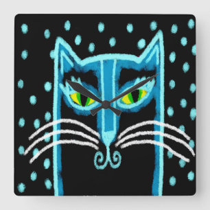 Horloge Carrée Art de chat noir Abstrait
