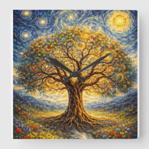 Horloge Carrée art de géométrie sacrée arbre