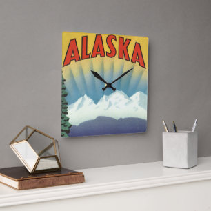Horloge Carrée Art de l'affiche de voyage vintage en Alaska, Pays