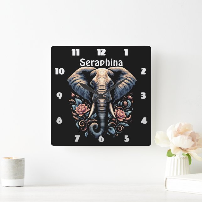 Horloge Carrée Art de l'éléphant de l'aube fleuri (Maison)