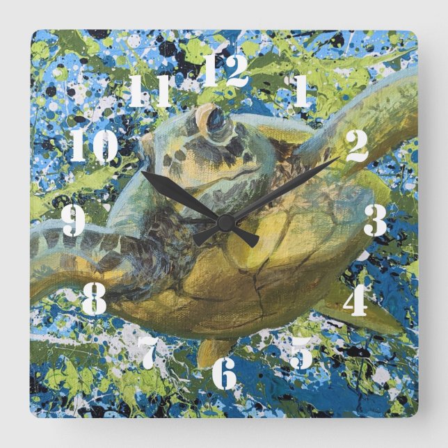 Horloge Carrée Art de projection de tortue (Recto)