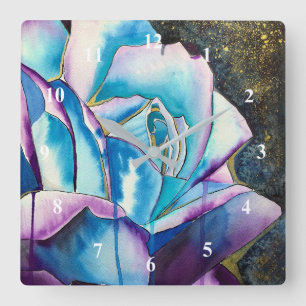 Horloge Carrée Art de rose aquarelle gothique violet bleu