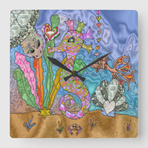 Horloge Carrée Art de Tortue de Mer Cheval Marin Psychédélique