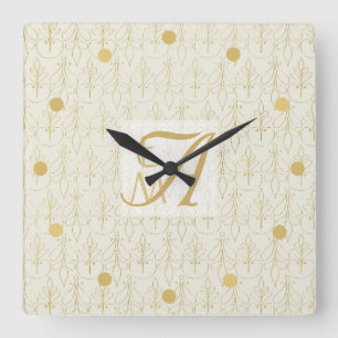 Horloge Carrée Art Déco 3 Monogramme initial Gold Cream Motif