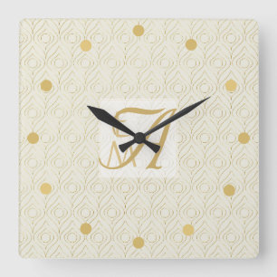 Horloge Carrée Art Déco 3 Monogramme initial Gold Cream Motif Squ