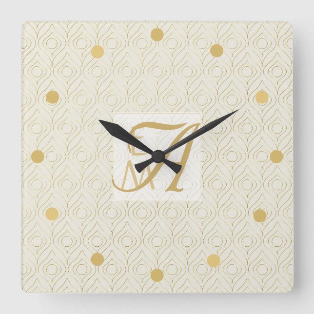 Horloge Carrée Art Déco 3 Monogramme initial Gold Cream Motif Squ (Recto)