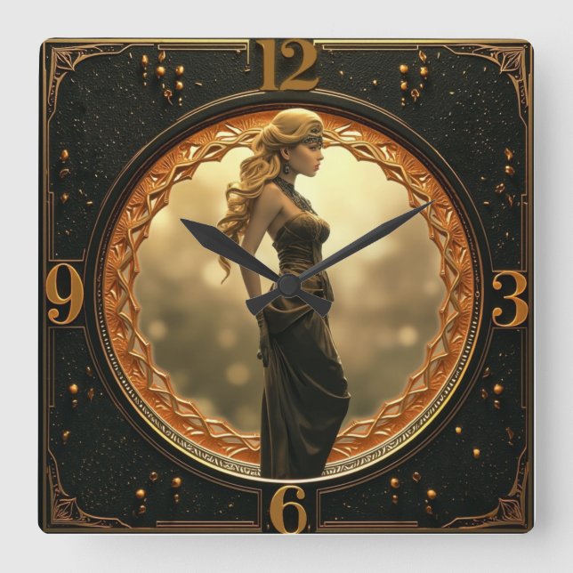 Horloge Carrée Art Déco avec fille de fantaisie (Recto)