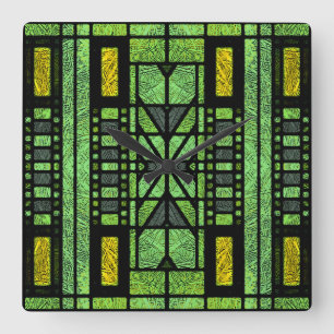 Horloge Carrée Art Déco de verre coloré en vert et or
