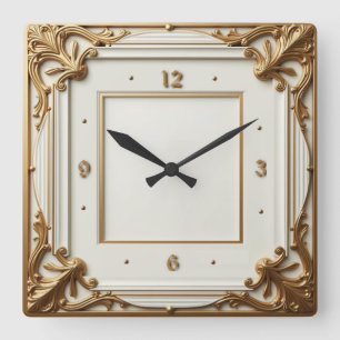Horloge Carrée Art Déco Elegant Blanc et Or