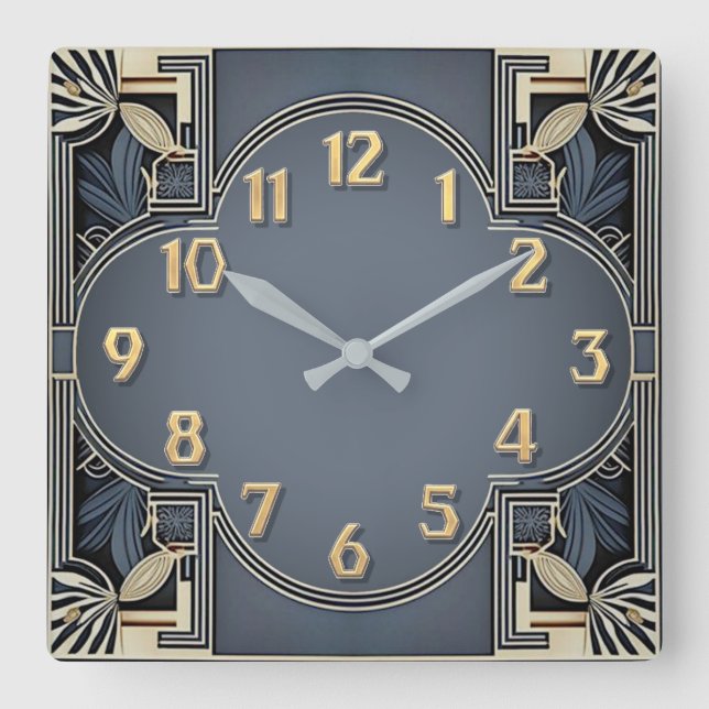 Horloge Carrée Art Déco Élégant Bleu (Recto)