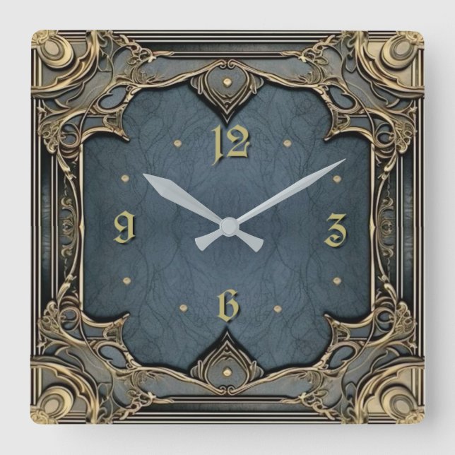Horloge Carrée Art Déco Élégant Bleu (Recto)