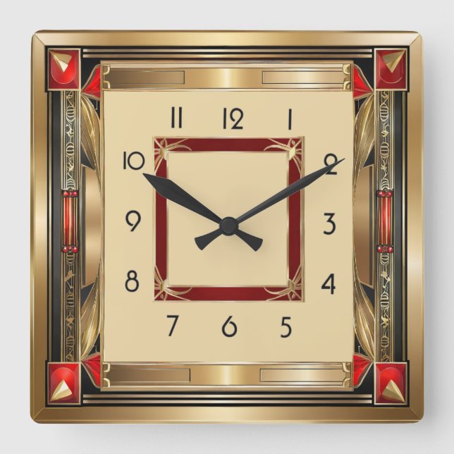 Horloge Carrée Art Déco élégant rouge et or (Recto)