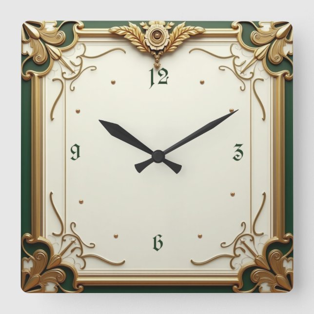 Horloge Carrée Art Déco Elegant Vert (Recto)