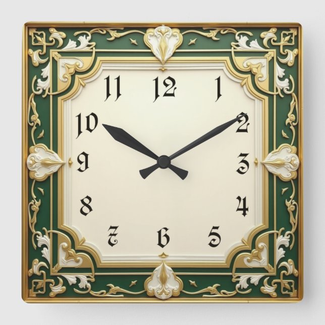 Horloge Carrée Art Déco Elegant Vert (Recto)