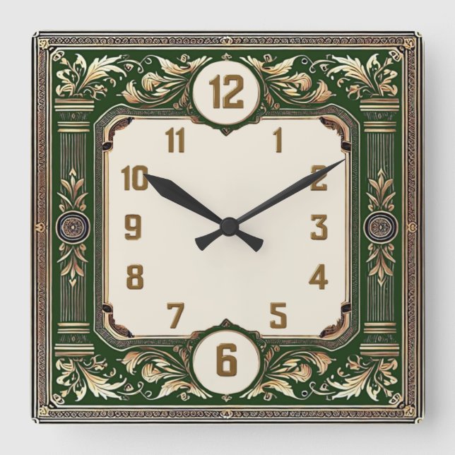 Horloge Carrée Art Déco Élégant Vert (Recto)