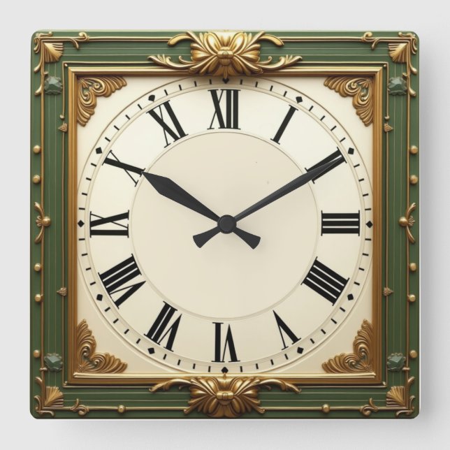 Horloge Carrée Art Déco Elegant Vert (Recto)