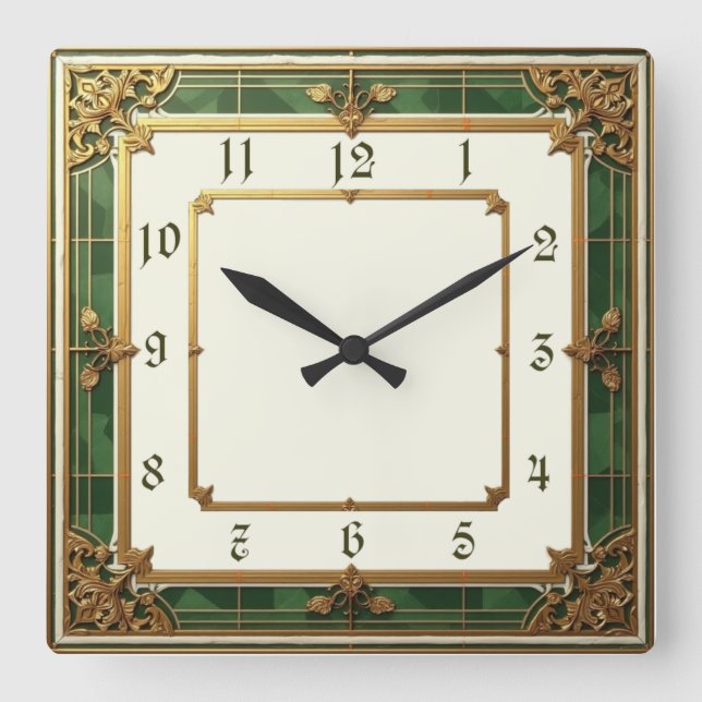 Horloge Carrée Art Déco Elegant Vert (Recto)