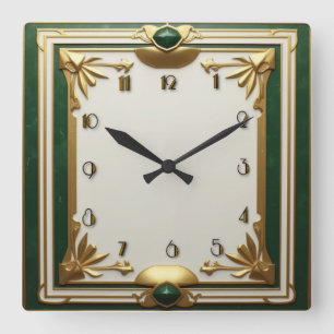 Horloge Carrée Art Déco Elegant Vert