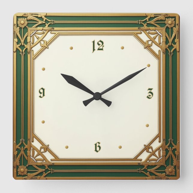 Horloge Carrée Art Déco Elegant Vert (Recto)