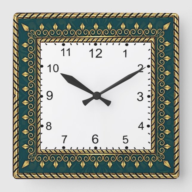 Horloge Carrée Art Déco Élégant Vert (Recto)