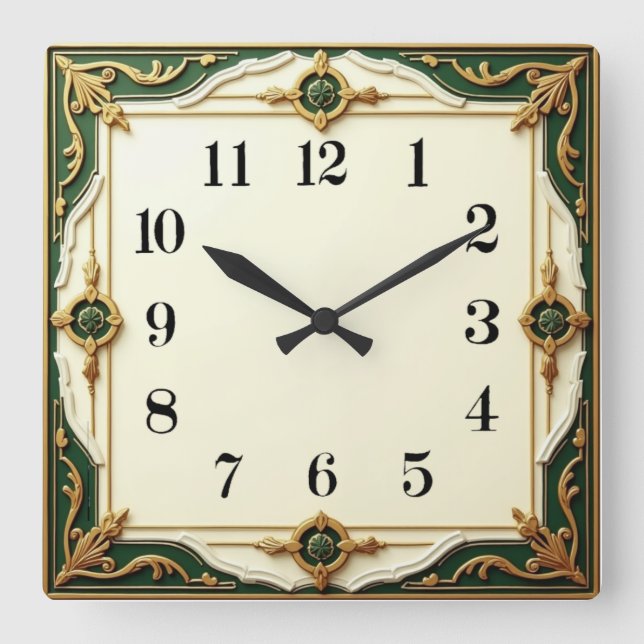 Horloge Carrée Art Déco Élégant Vert (Recto)