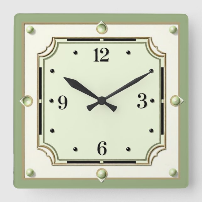 Horloge Carrée Art Déco Élégant Vert Doux (Recto)