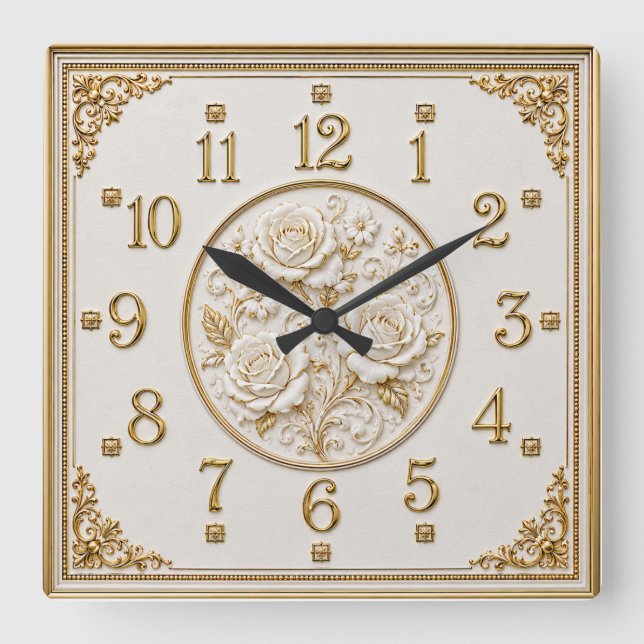 Horloge Carrée Art Déco Élégante Rose Blanche (Recto)