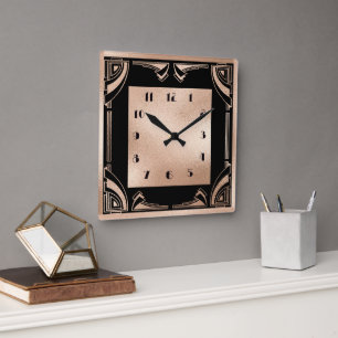 Horloge Carrée Art déco en cuivre noir et pâle