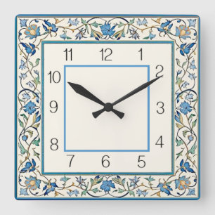 Horloge Carrée Art Déco Fleur Bleue