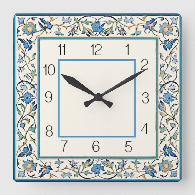 Horloge Carrée Art Déco Fleur Bleue (Recto)