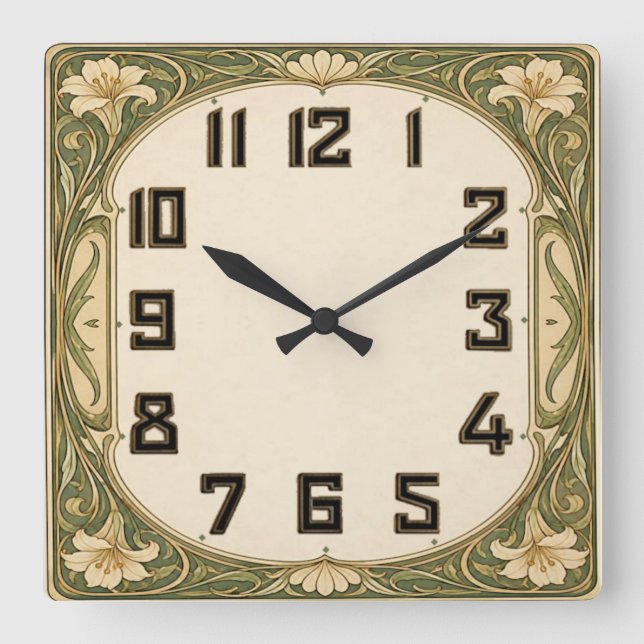 Horloge Carrée Art Déco Floral Vert (Recto)