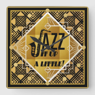 Horloge Carrée Art Deco JAZZ Saxophone Black Gold 1920 s Music