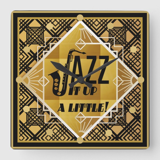 Horloge Carrée Art Deco JAZZ Saxophone Black Gold 1920 s Music (Recto)