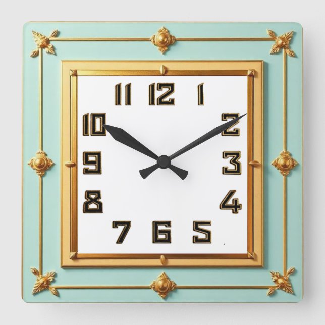 Horloge Carrée Art Déco Mint et Or (Recto)