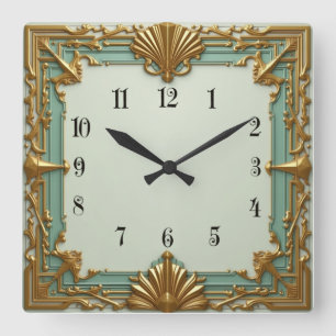 Horloge Carrée Art Déco Mint et Or