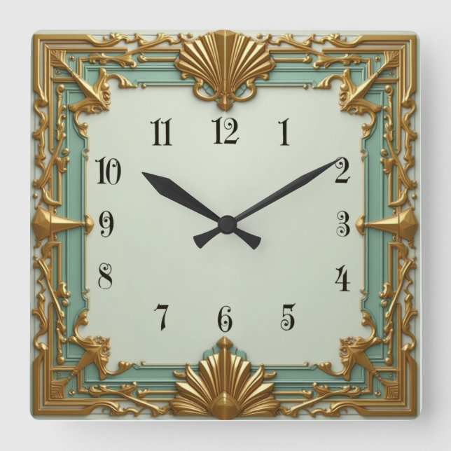 Horloge Carrée Art Déco Mint et Or (Recto)
