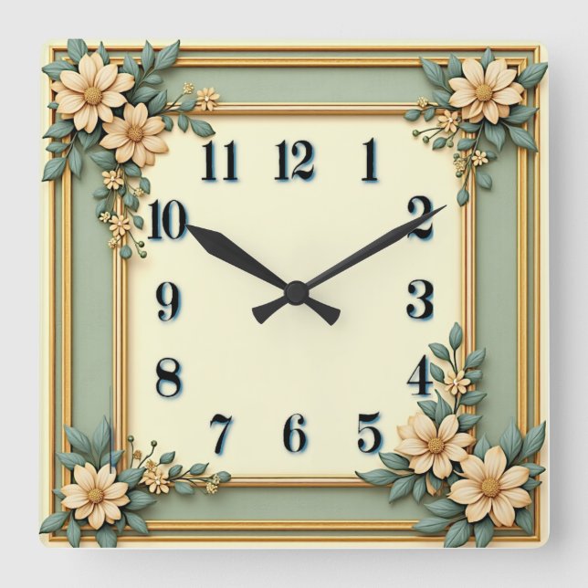Horloge Carrée Art Deco Mint Flower (Recto)