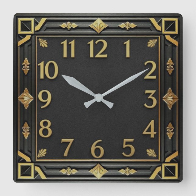 Horloge Carrée Art Déco noir et or (Recto)
