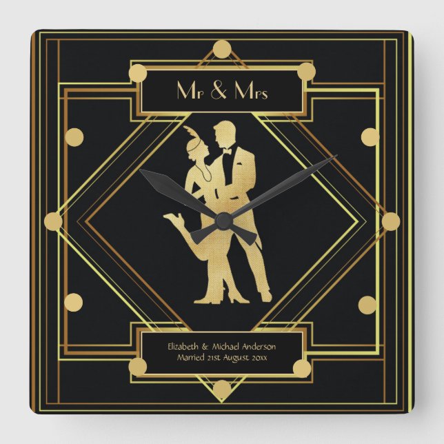 Horloge Carrée Art Déco Nouveaux mariés 1920 Couple Black Gold Cu (Recto)