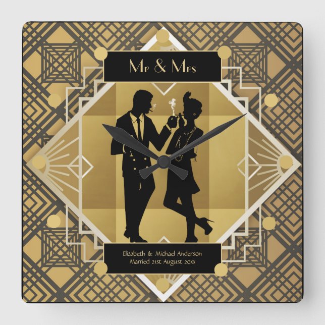 Horloge Carrée Art Déco Nouveaux mariés 1920 Couple Black Gold Cu (Recto)