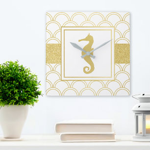 Horloge Carrée Art Déco Ocean Wave Gold Seahorse Beach House