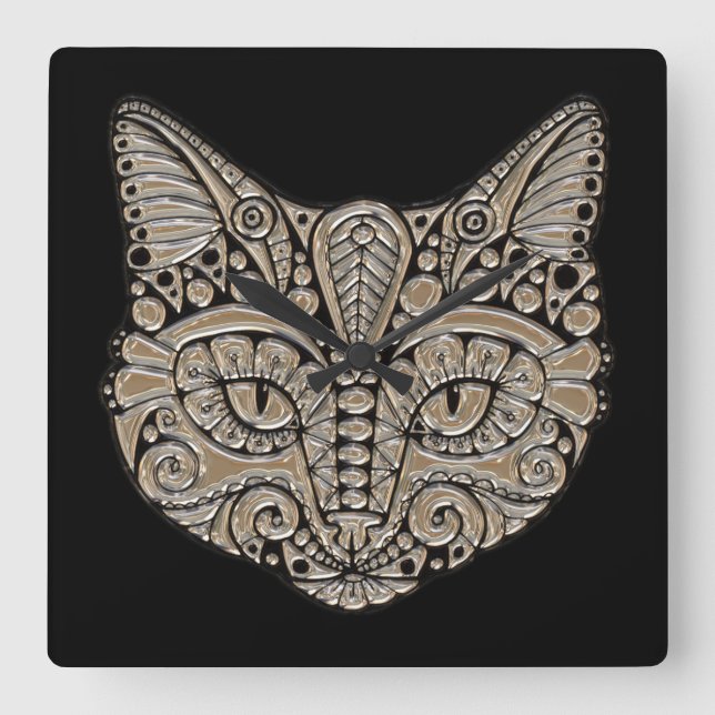 Horloge Carrée Art déco or et chat de style égyptien noir (Recto)