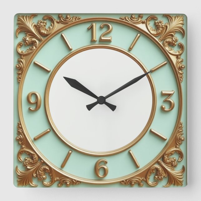 Horloge Carrée Art Déco Or et Menthe (Recto)