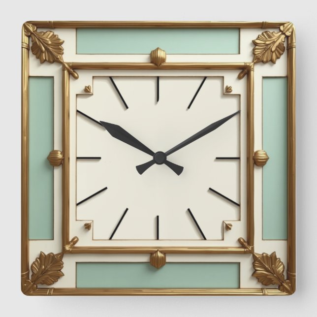 Horloge Carrée Art Déco Or et Menthe (Recto)