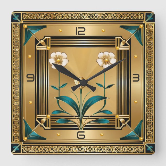 Horloge Carrée Art Déco Or Fleur (Recto)