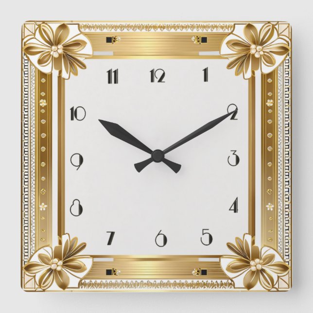 Horloge Carrée Art Déco Or Fleur (Recto)
